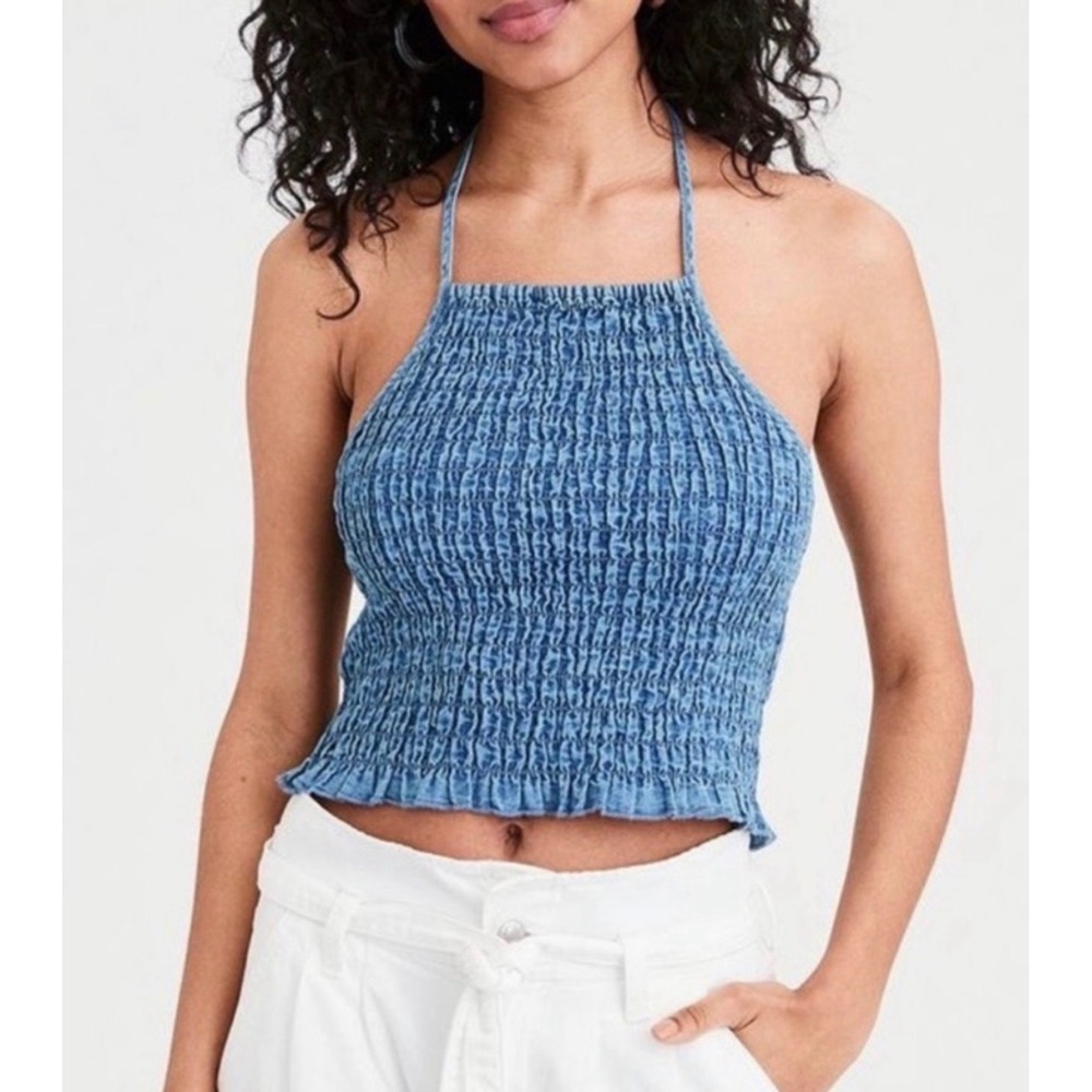 American Eagle Smocked Denim Halter Top Boho Crop Womens Size Small Blue